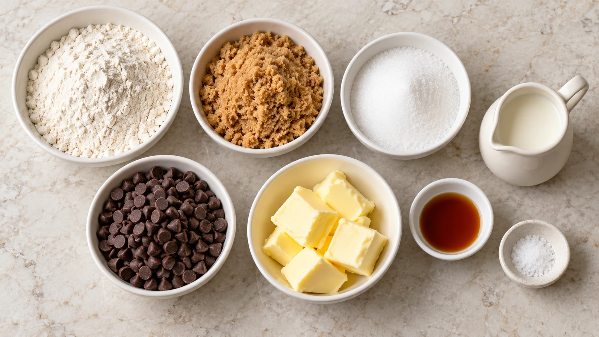 Ready-to-eat flour, butter, sugars, milk and chocolate chips for egg-free dough