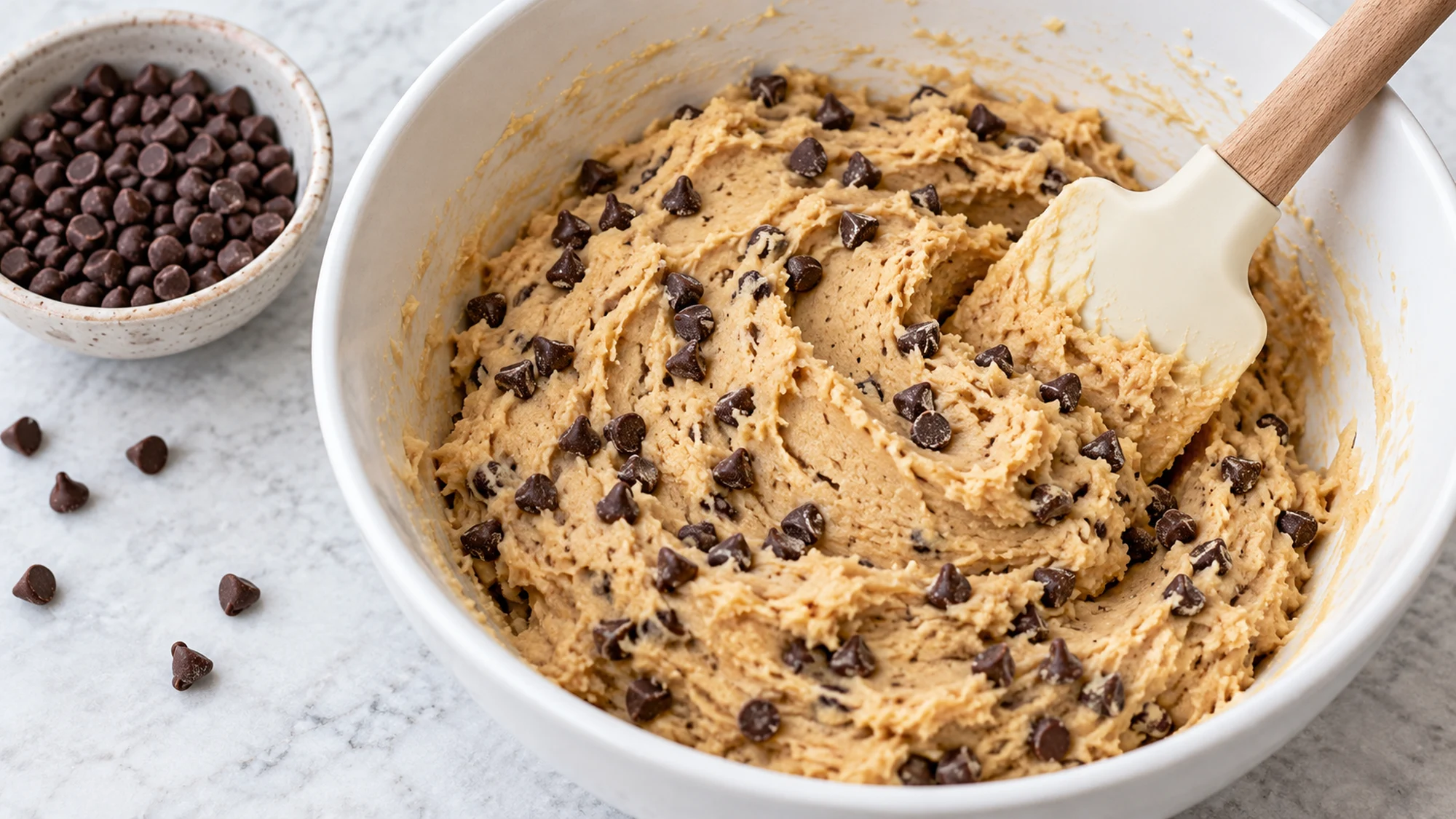 Chocolate chips being folded into thick edible cookie dough