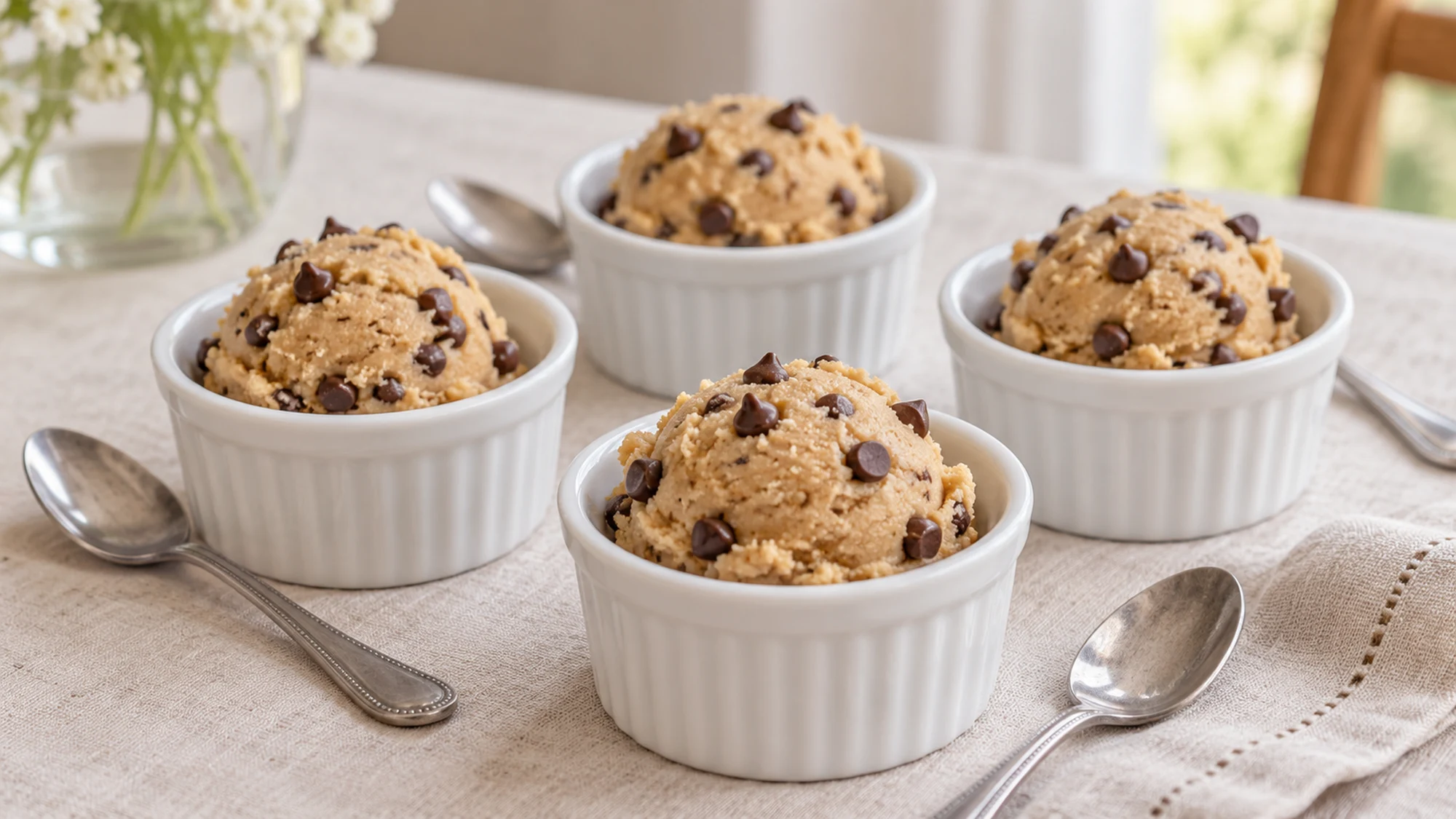 Small bowls of edible chocolate chip cookie dough with serving spoons