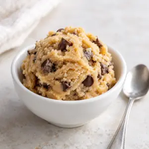 A scoop of egg-free edible chocolate chip cookie dough