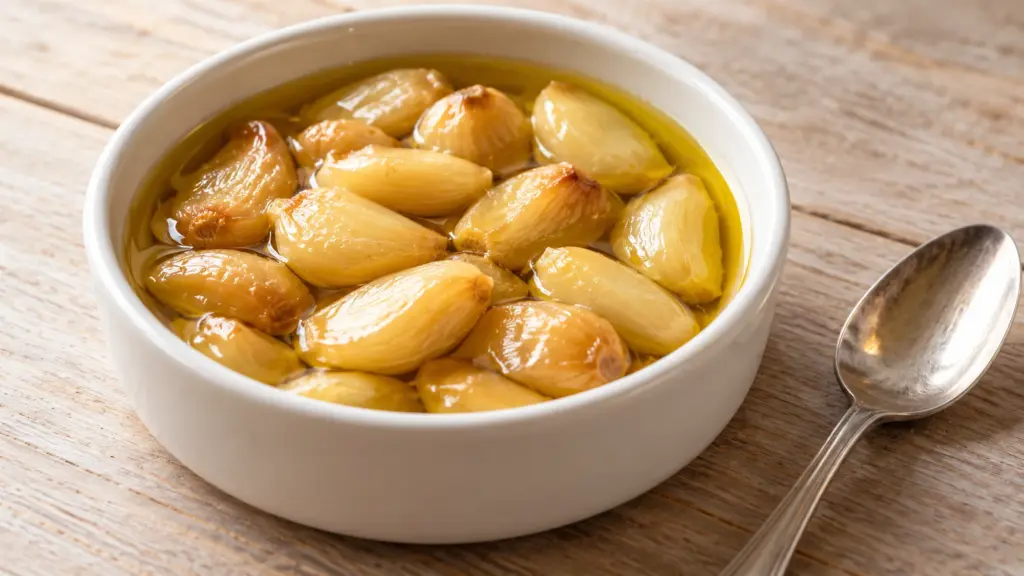 Soft golden garlic confit cloves in olive oil