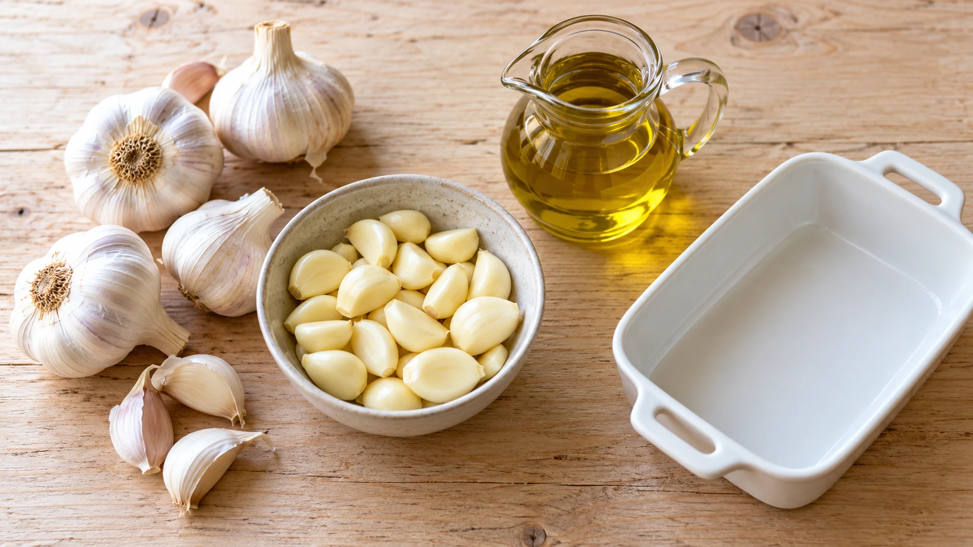 Garlic bulbs, peeled cloves and olive oil for garlic confit