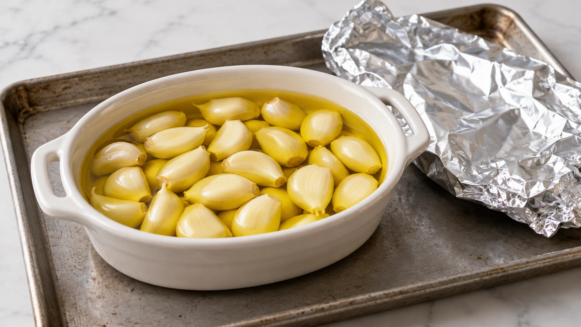 Peeled garlic cloves covered with olive oil in an ovenproof dish