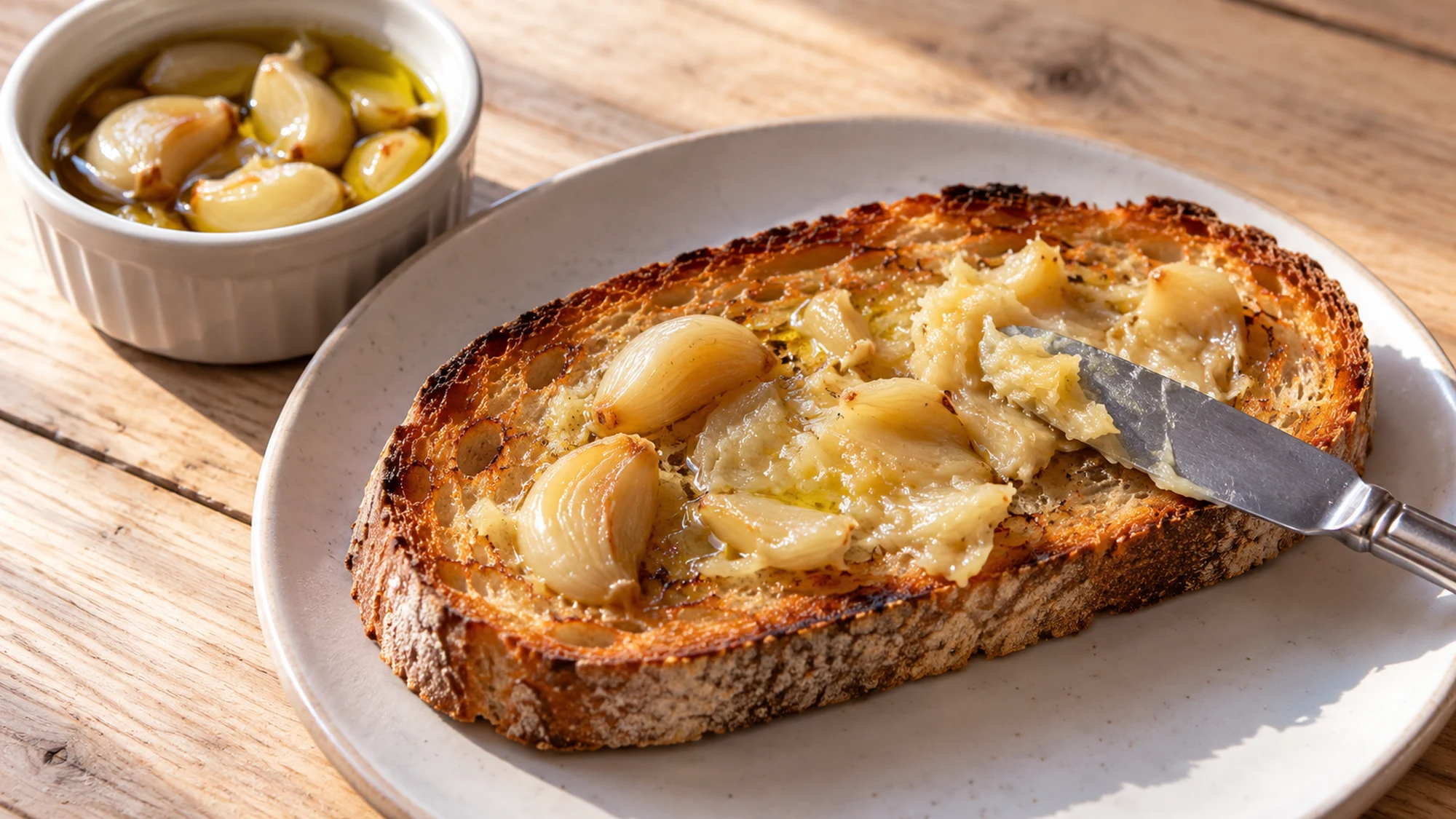 Soft garlic confit spread over toasted bread