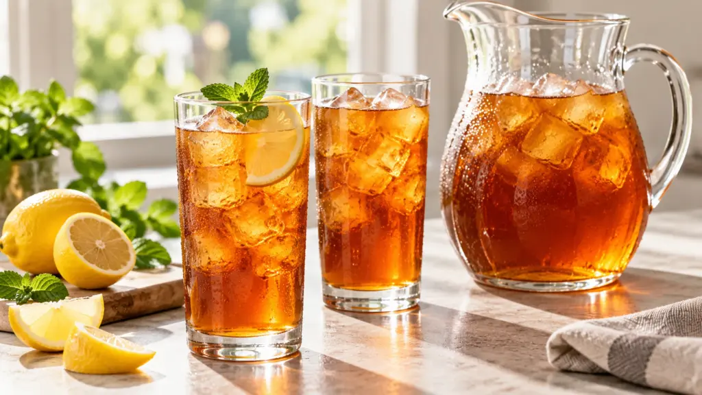 How to make iced tea with amber black tea, ice and optional lemon and mint