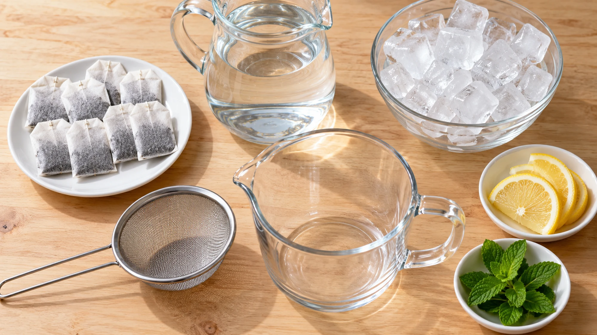 Black tea bags, water, ice and optional lemon and mint beside a pitcher