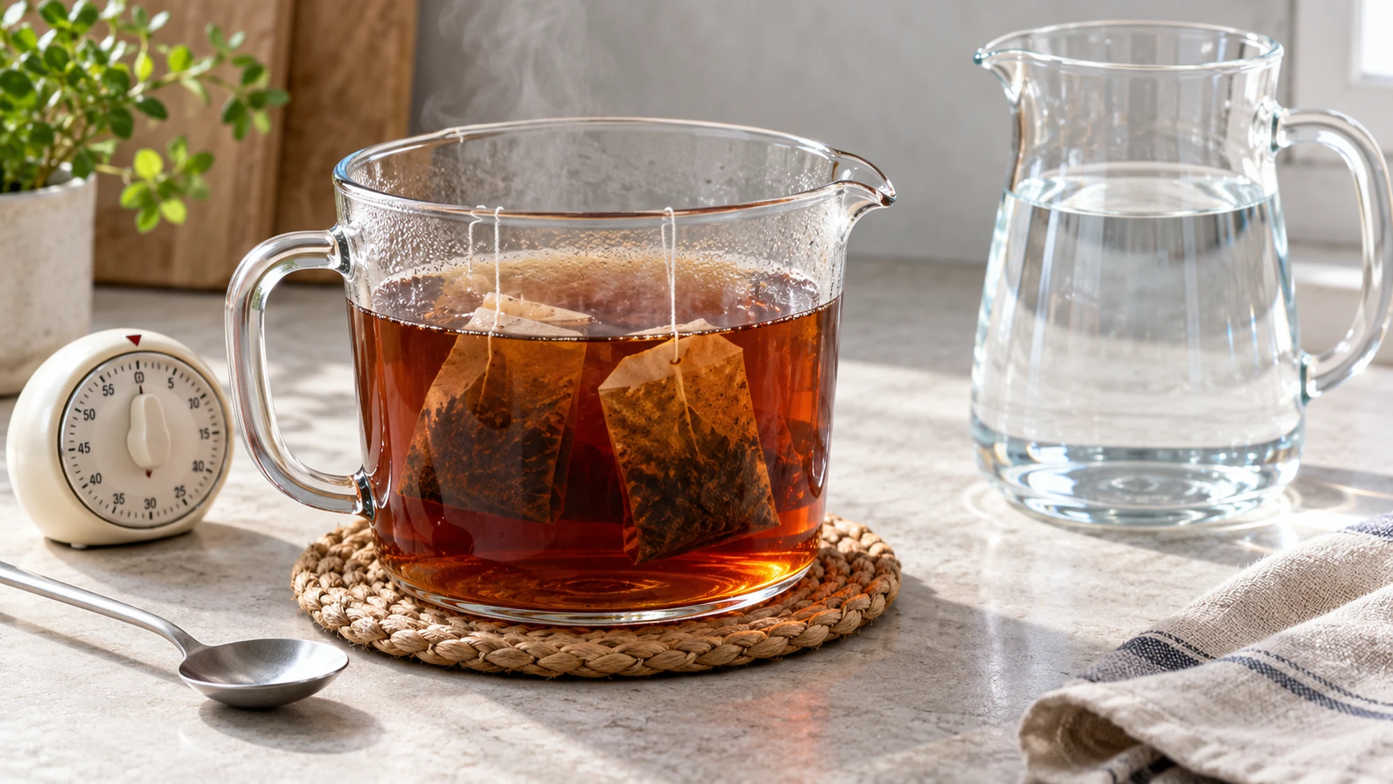 Black tea bags steeping in a heat-safe jug beside a timer and cold water