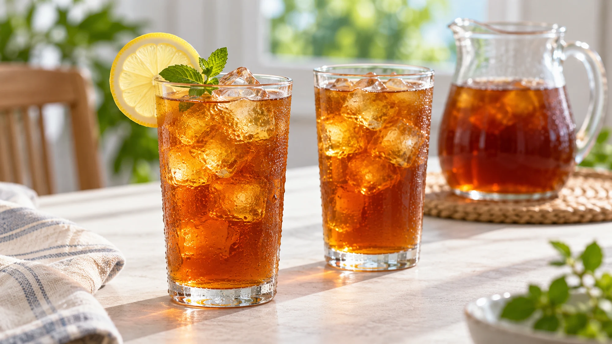 Chilled black tea over ice in glasses with optional lemon and mint
