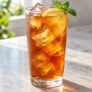 A glass of homemade iced tea with ice, lemon and mint