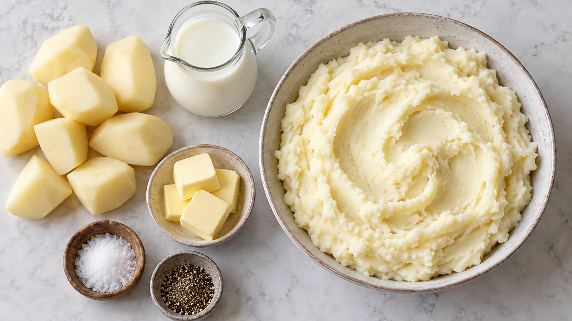 Peeled potatoes, milk, butter and seasonings beside a bowl of mashed potatoes