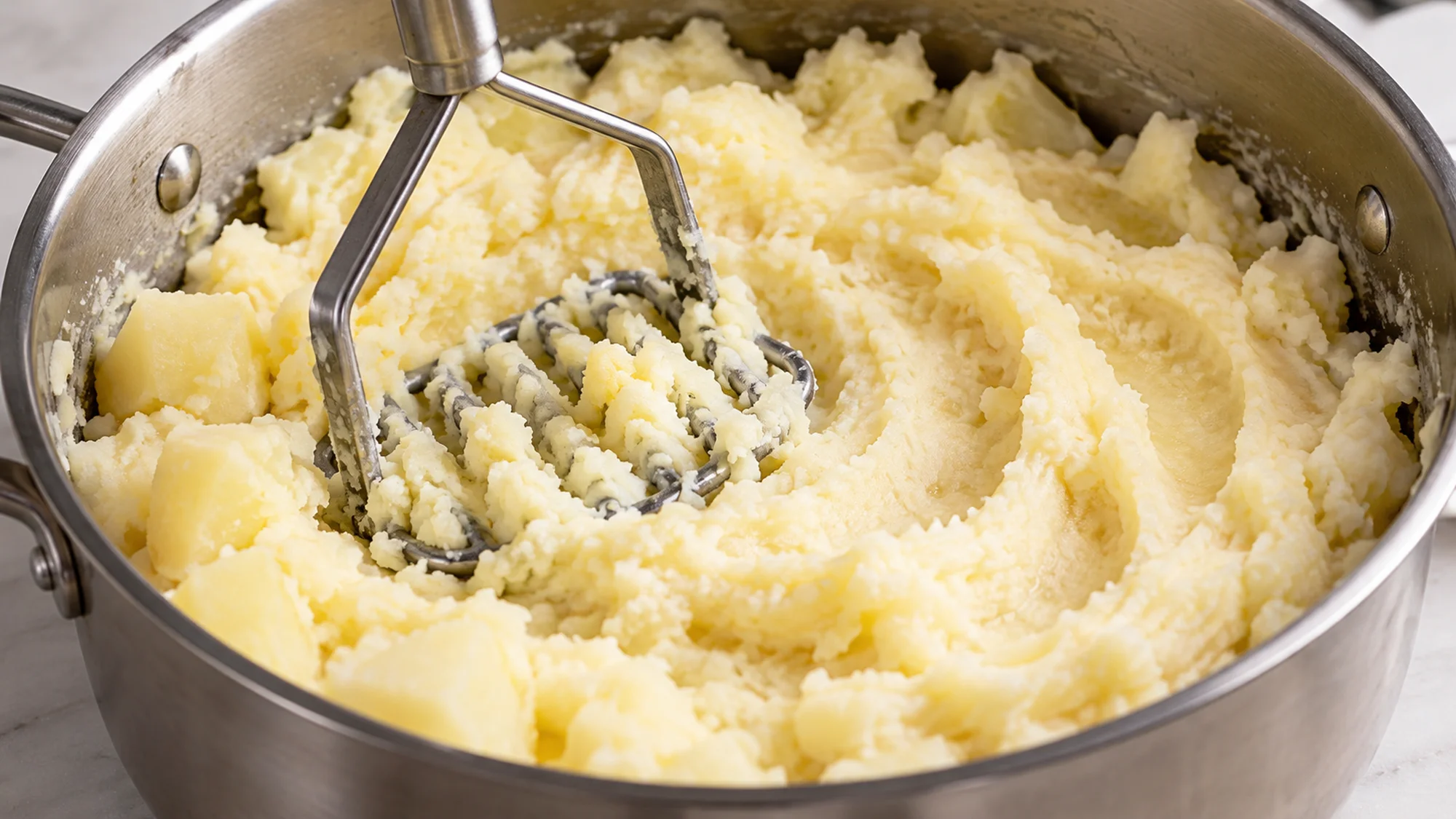 Hand masher pressing cooked potato pieces in a saucepan