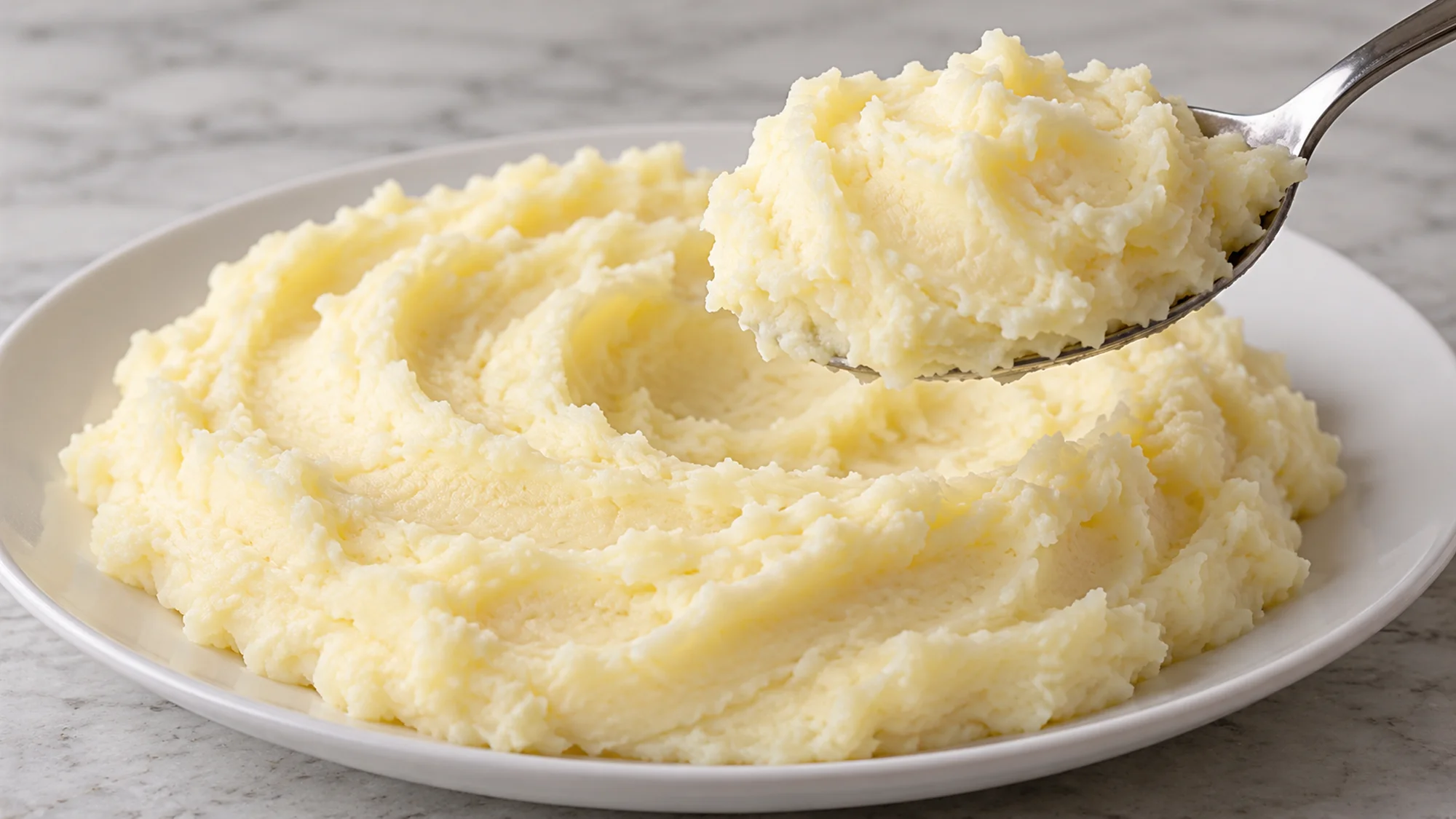 A spoon lifting a soft portion of mashed potatoes from a plate