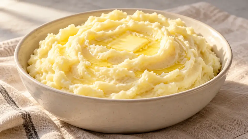 Mashed potatoes with soft buttery swirls in a ceramic serving bowl