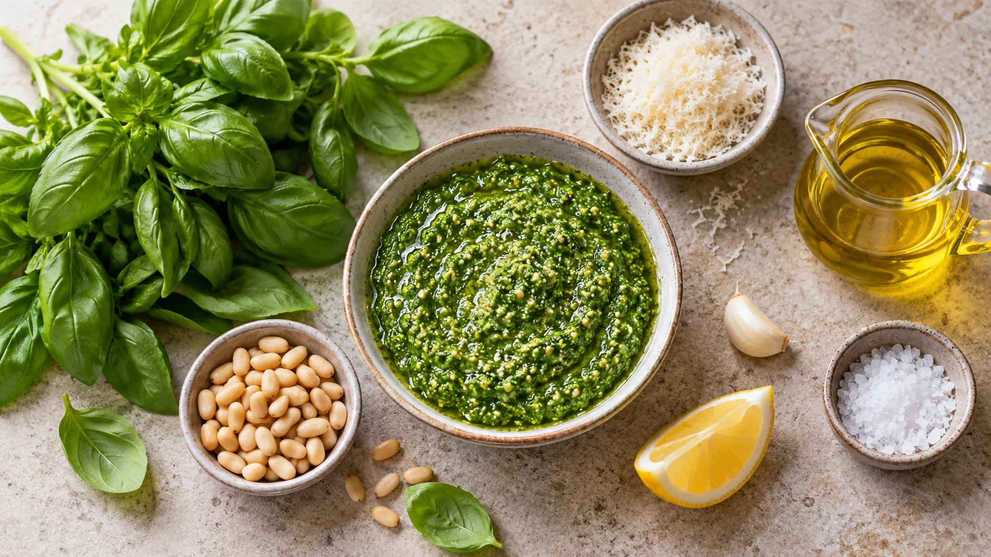 Basil, pine nuts, Parmesan, garlic, olive oil and lemon for pesto
