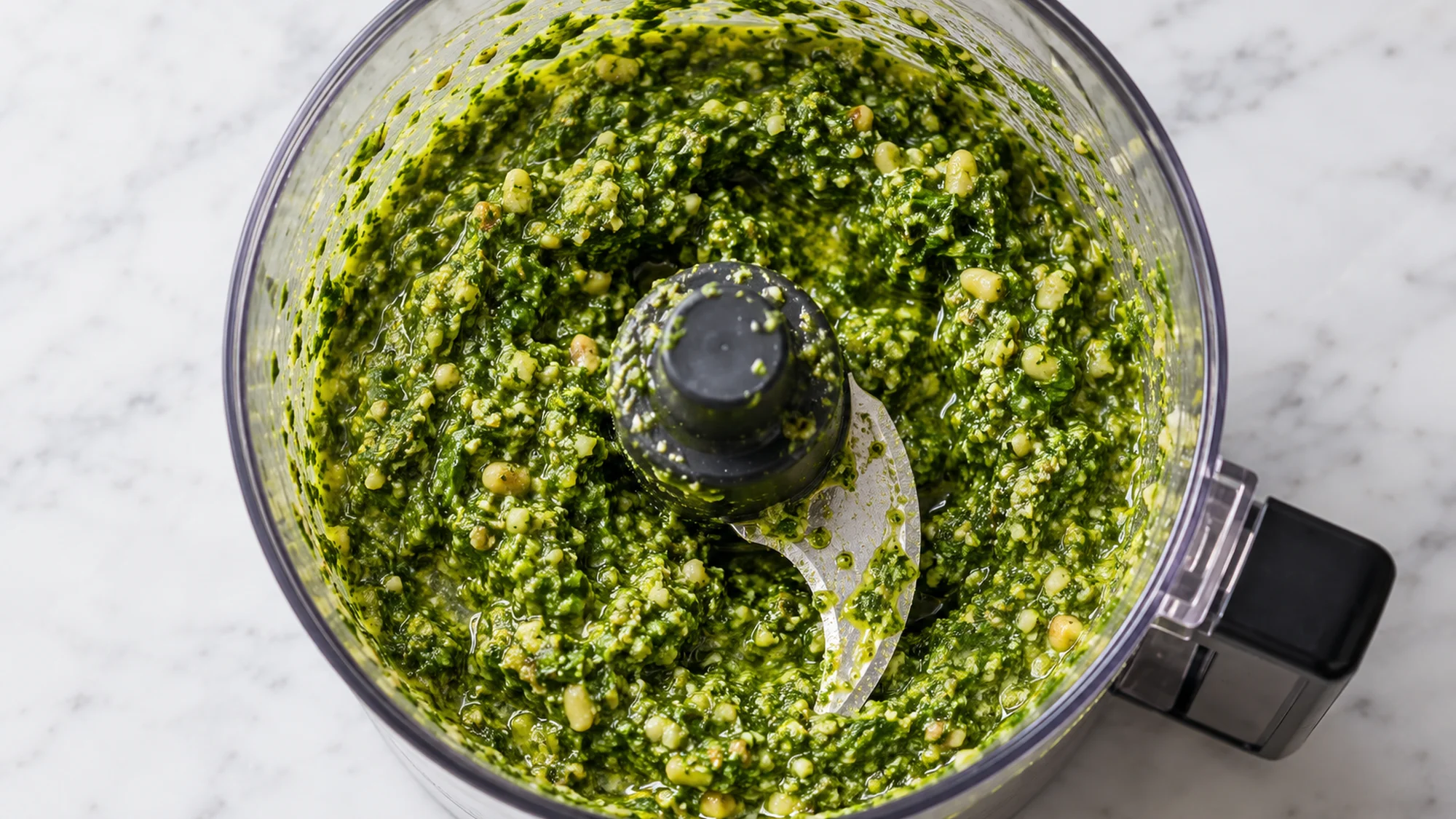 Fresh basil pesto chopped in a food processor bowl
