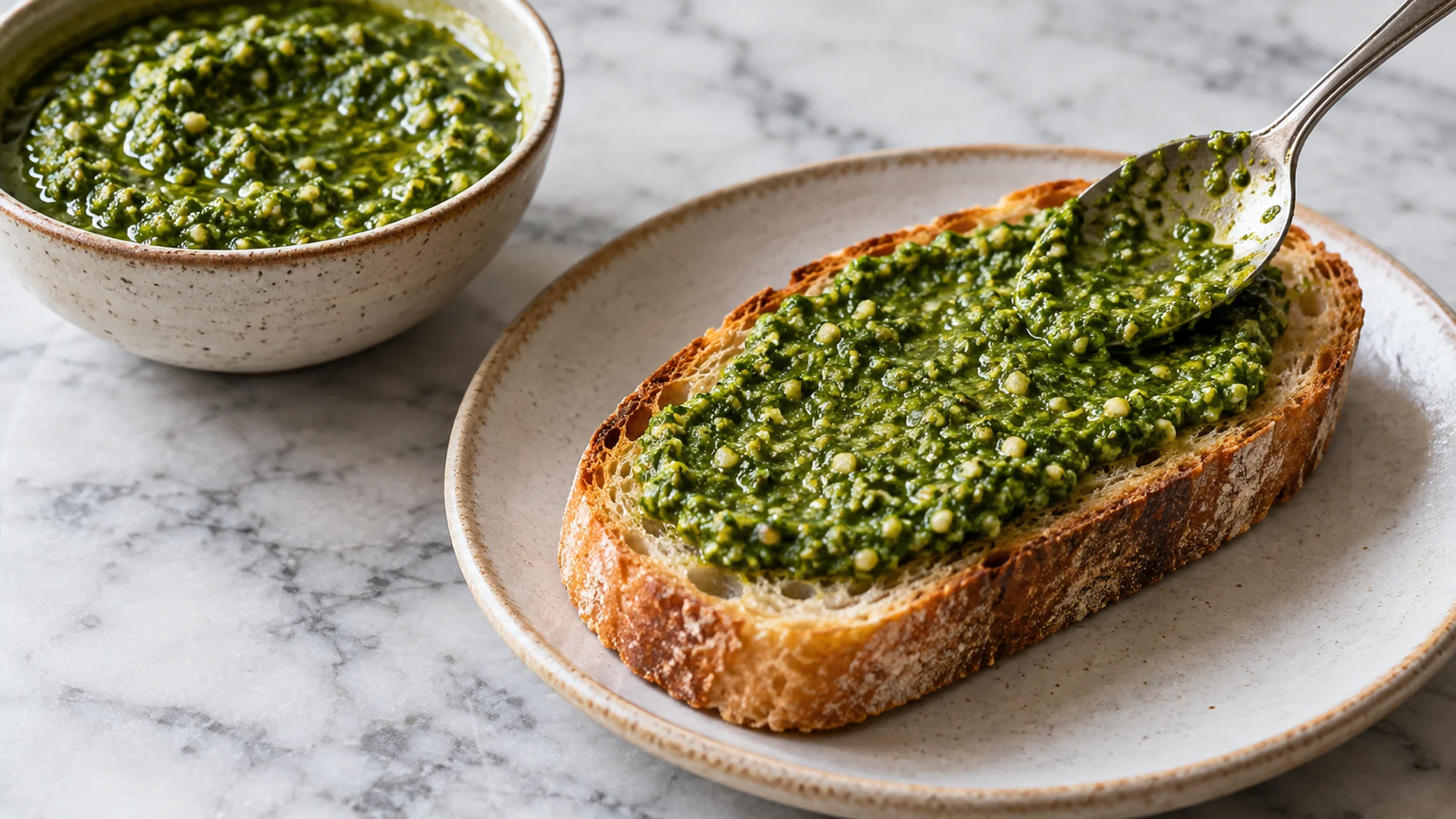 A spoon spreading green basil pesto over toast