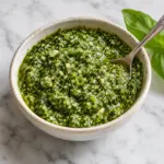 Small bowl of fresh green basil pesto with a spoon