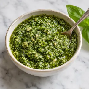 Small bowl of fresh green basil pesto with a spoon