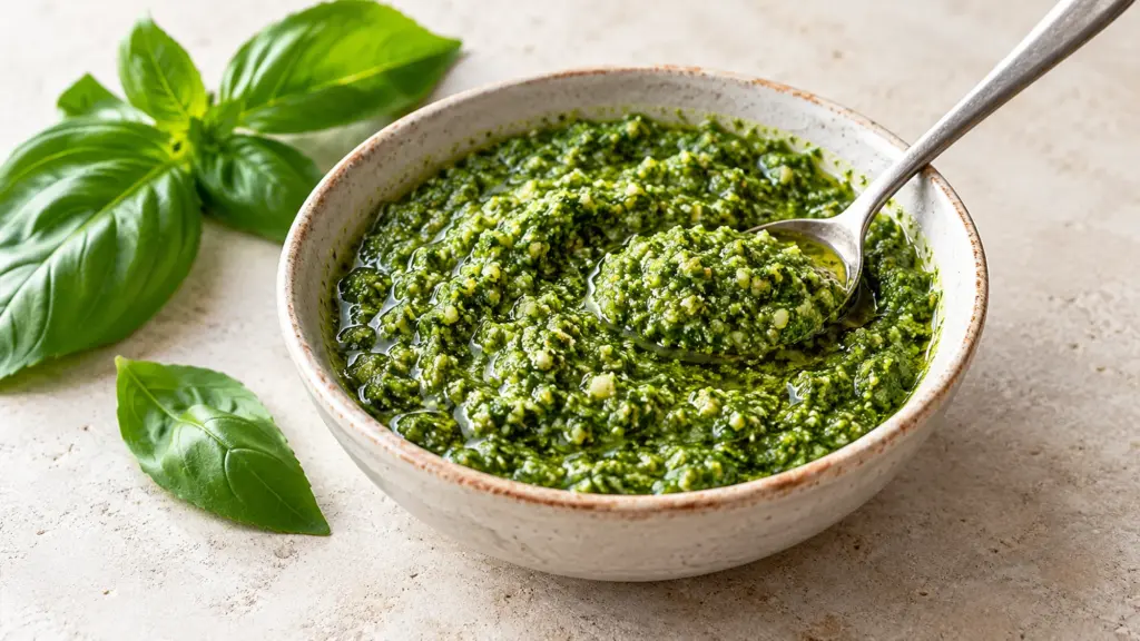 Textured fresh basil pesto with a spoon and basil leaves