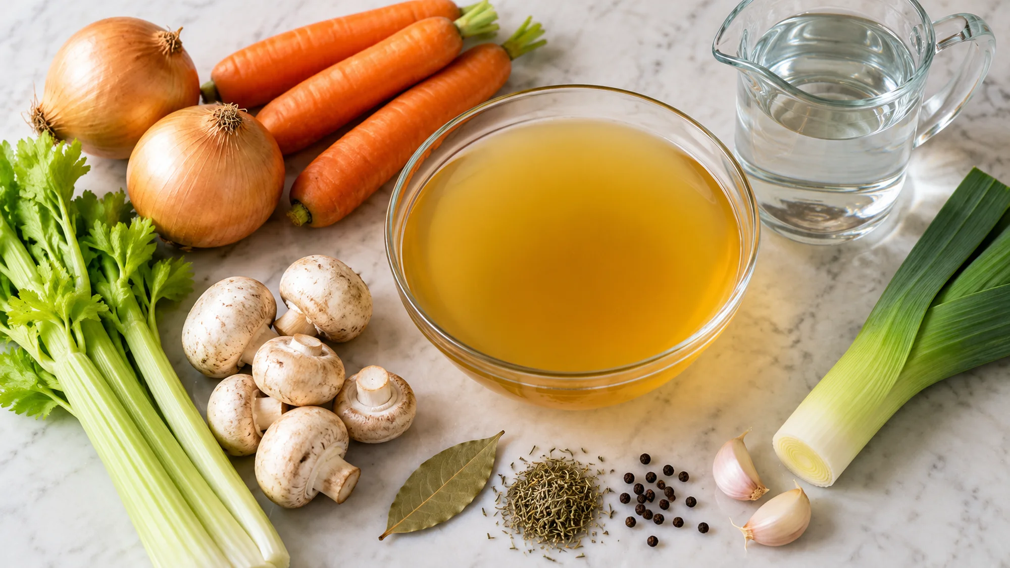 Onion, carrots, celery, mushrooms, leek and aromatics for vegetable stock