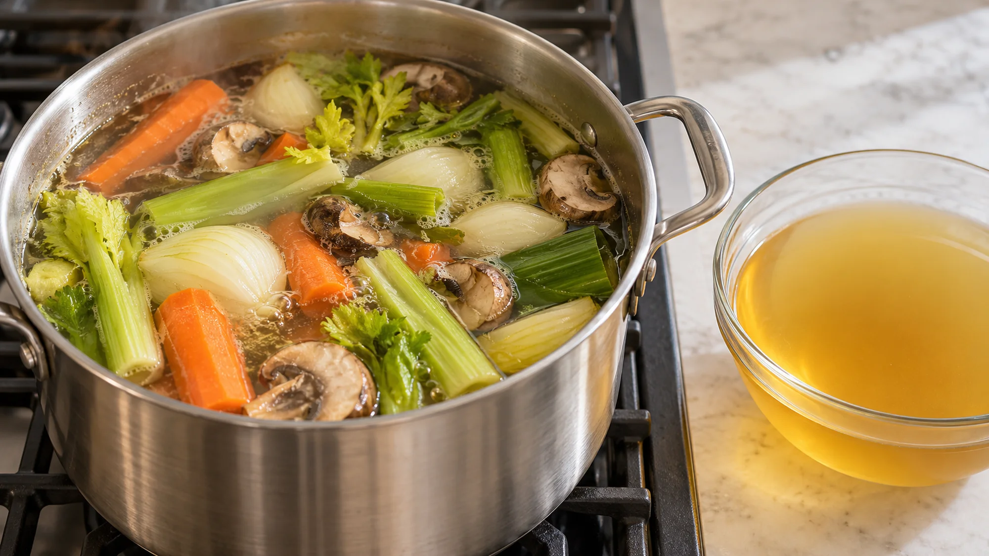 Vegetables gently simmering in a stockpot