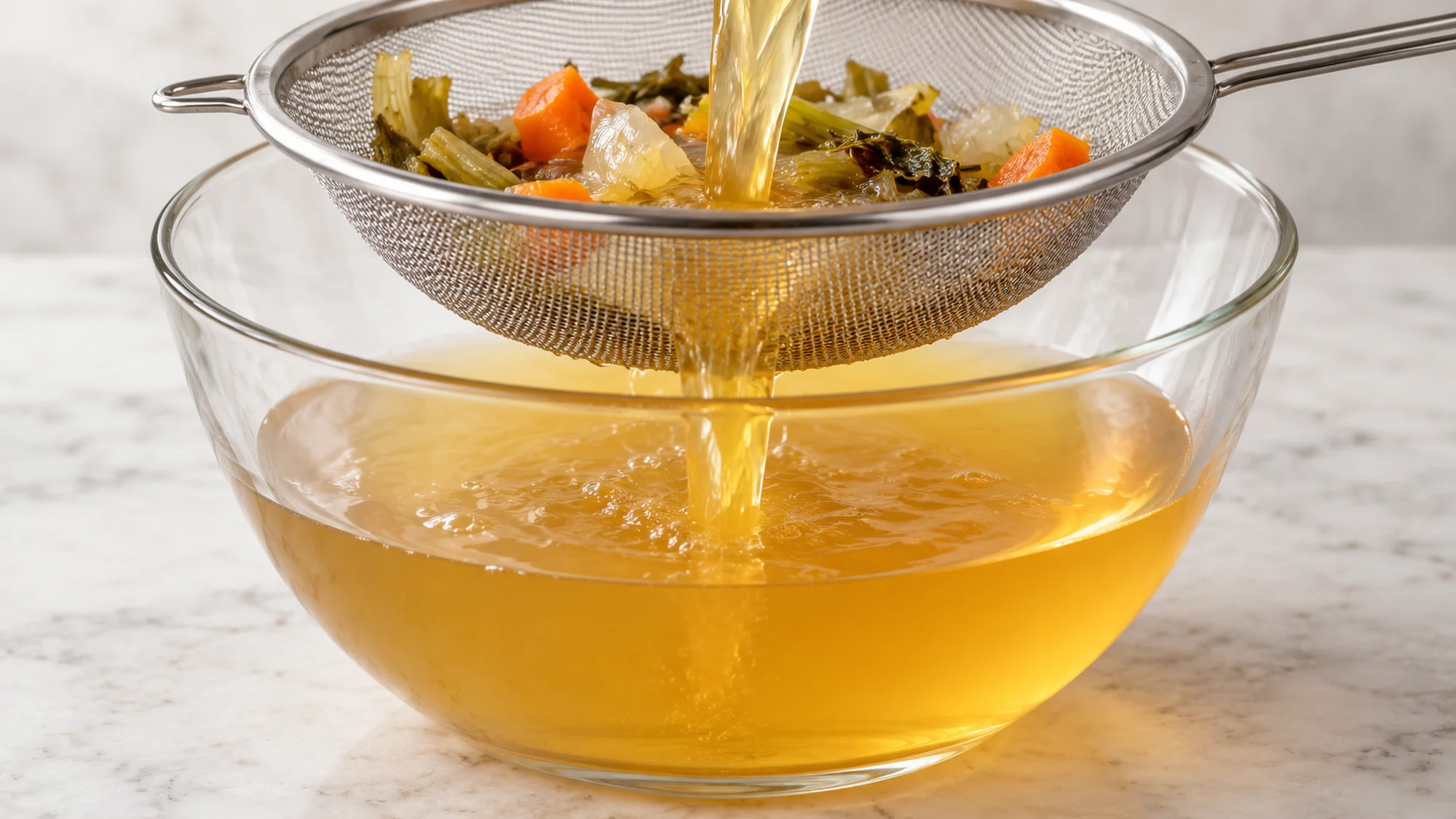 Golden vegetable stock passing through a fine mesh strainer