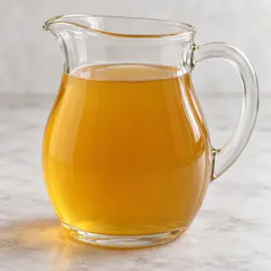 Glass jug filled with clear strained vegetable stock