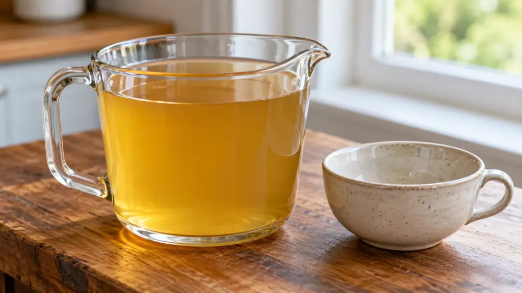Clear golden strained vegetable stock in a glass jug