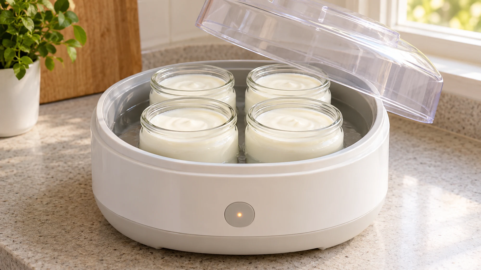 Four plain yogurt jars arranged in a home yogurt maker