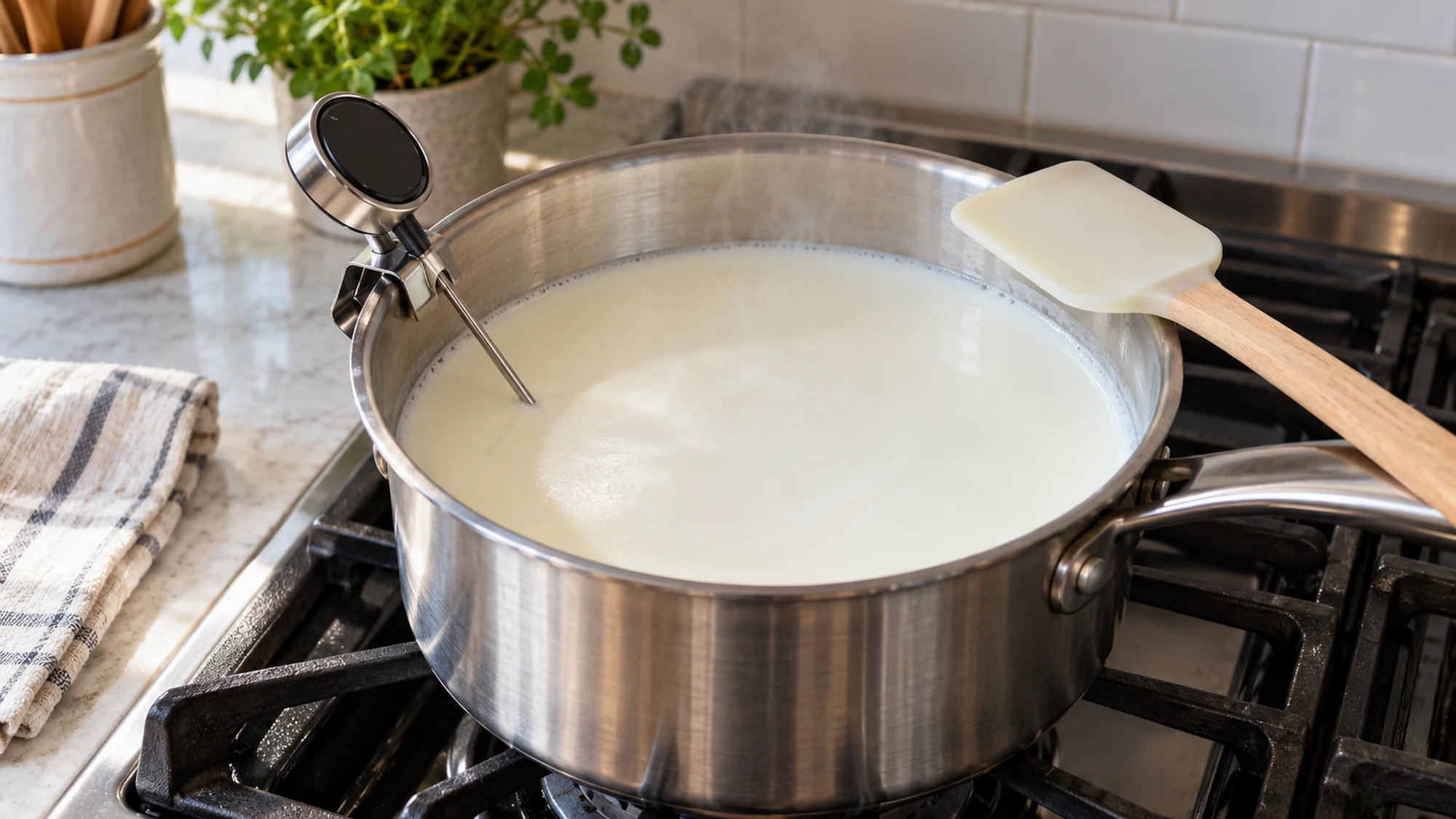 Milk heating gently in a saucepan with a food thermometer