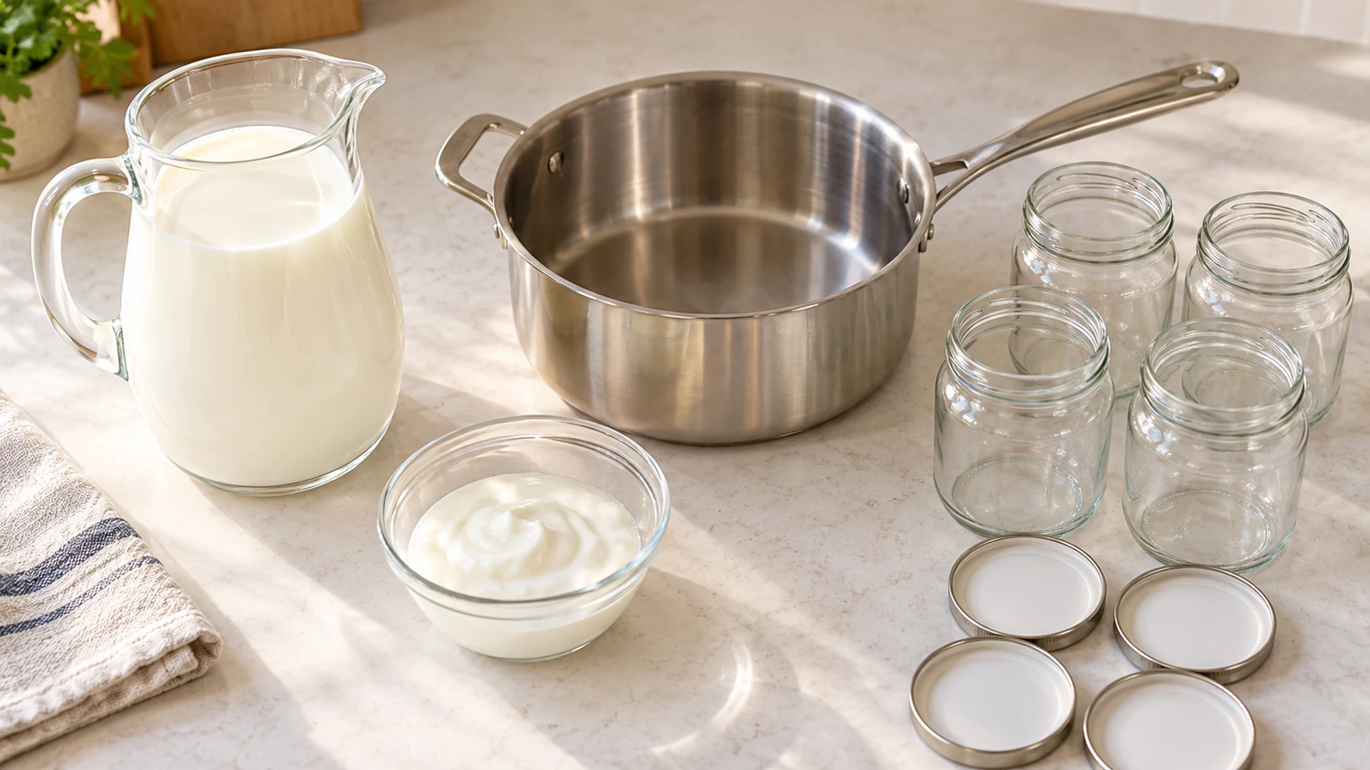 Milk and plain live-culture yogurt beside clean jars and a saucepan
