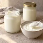 Plain homemade yogurt in a glass jar beside a spoonful in a bowl