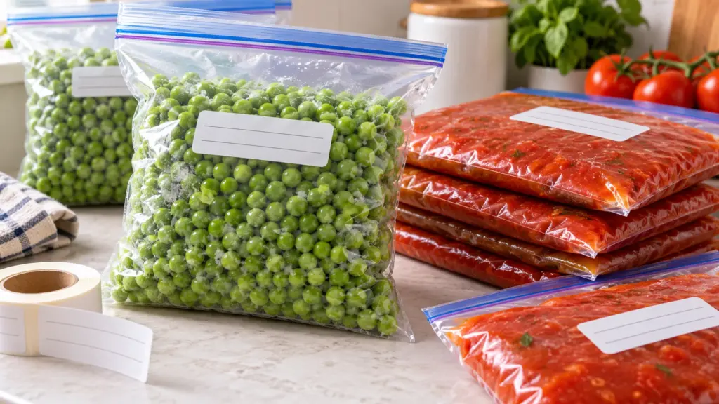 Sealed bags of peas and tomato sauce showing how to prevent freezer burn