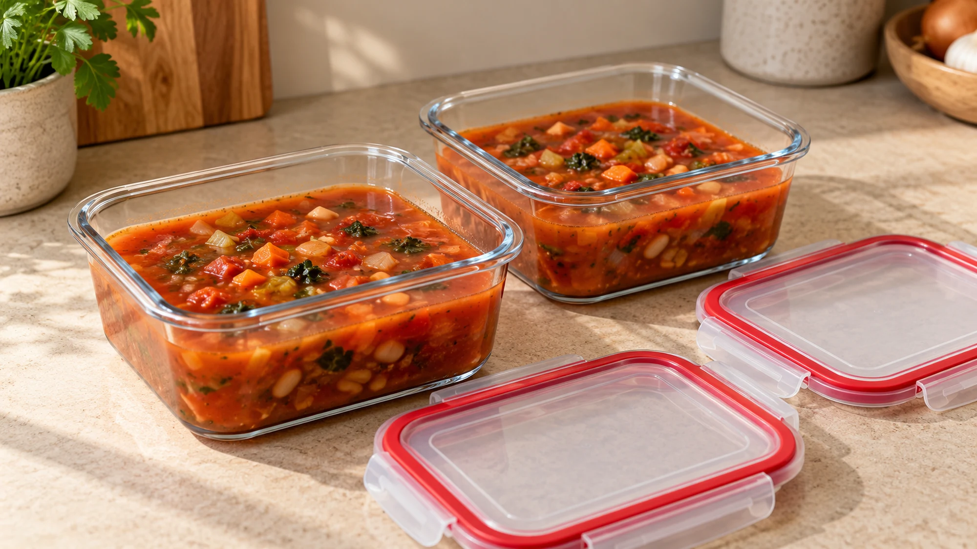 Soup containers with headspace illustrating how to prevent freezer burn during packing
