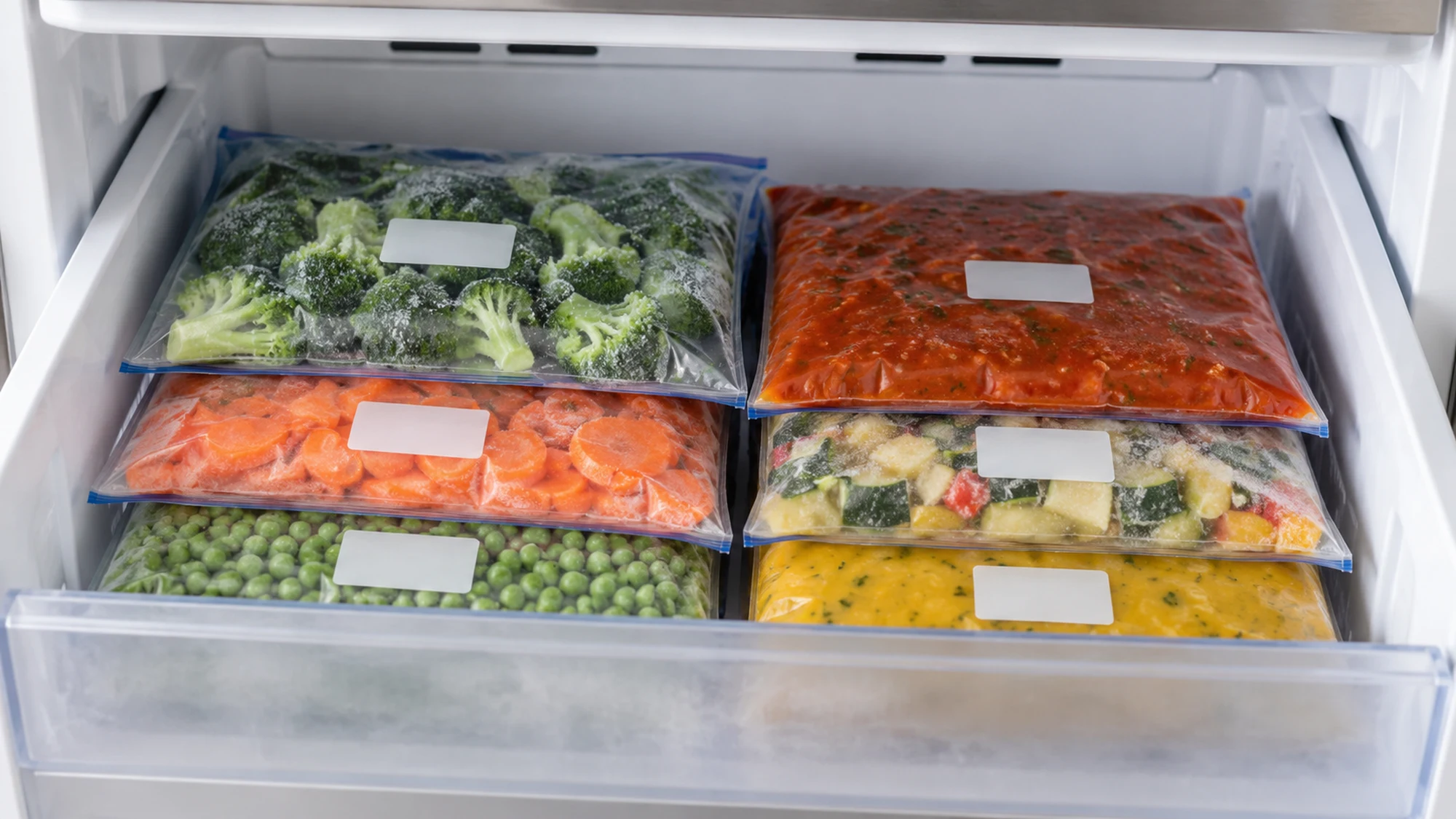 Organized frozen food bags illustrating how to prevent freezer burn through storage habits