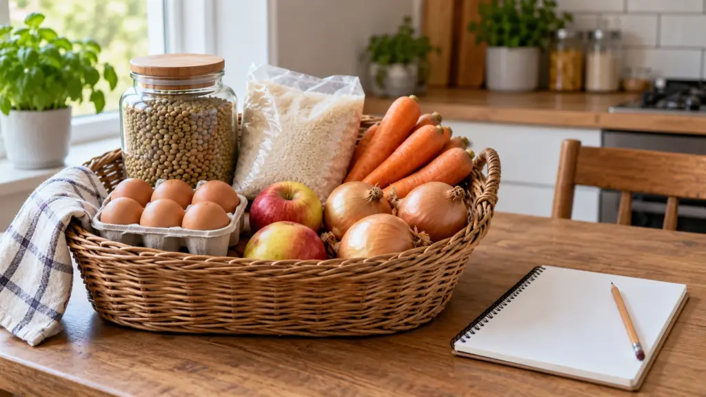 Basket of rice, lentils, eggs, carrots, onions and apples beside a grocery planning notebook