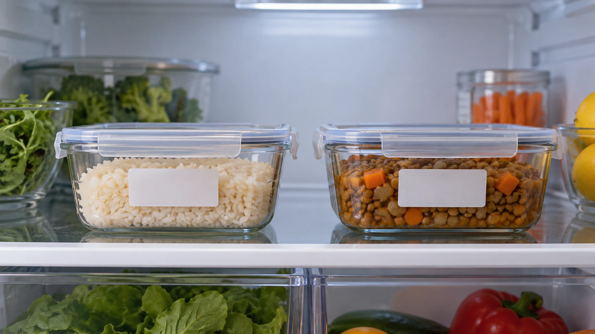 Small covered containers of cooked rice and lentils with carrots on a refrigerator shelf