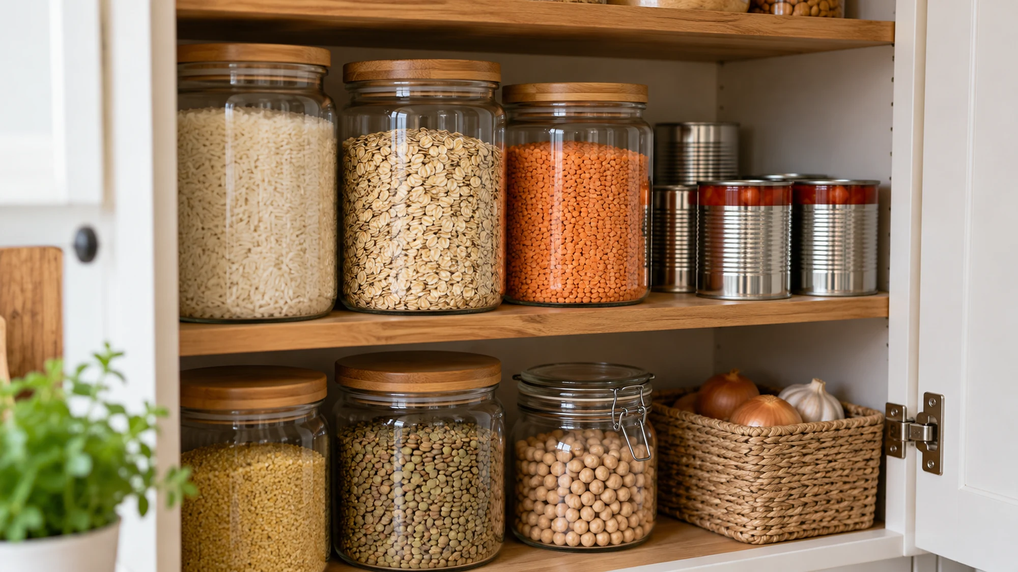 Pantry shelves with rice, oats, lentils and canned foods arranged for a stock check