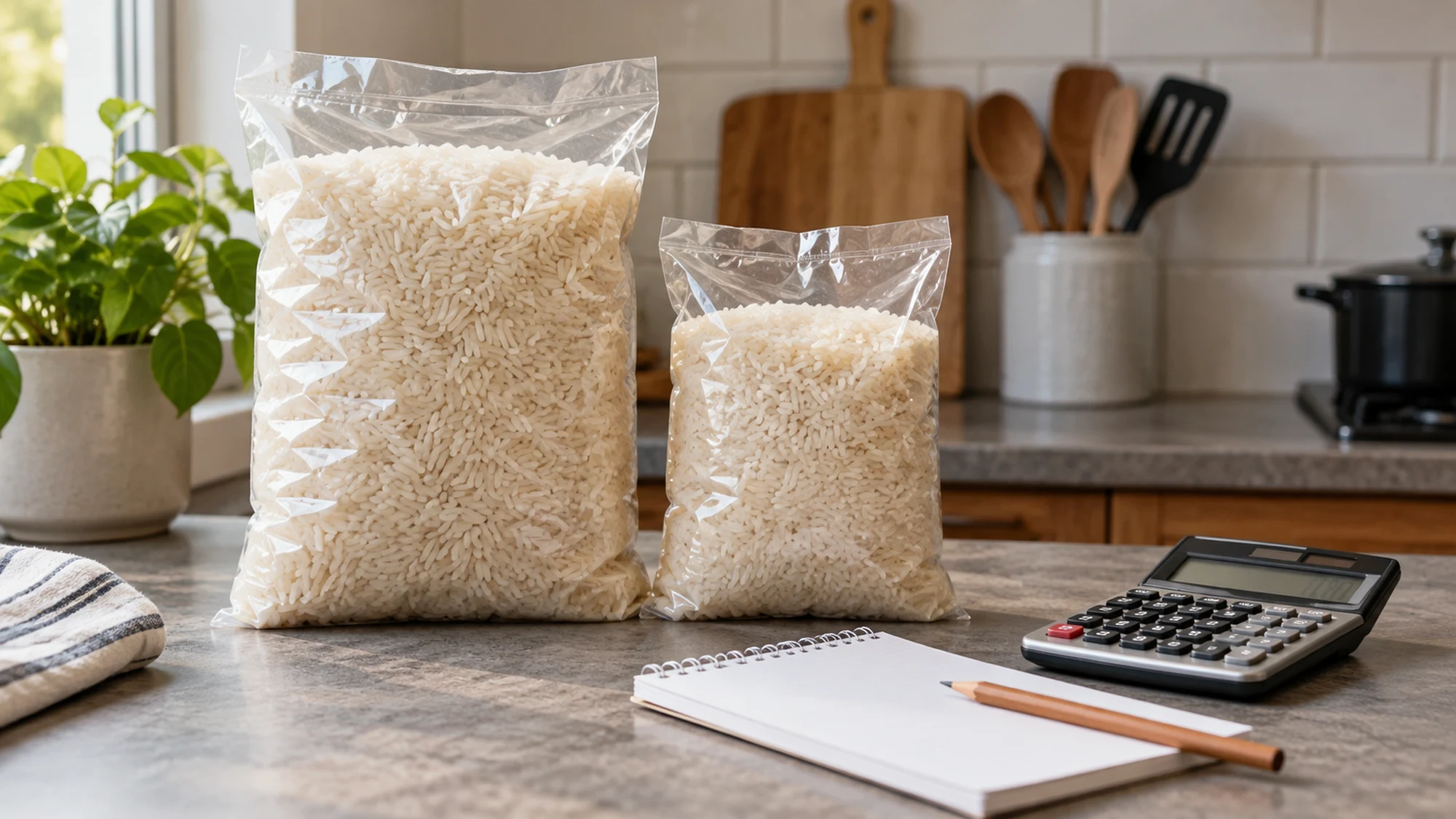 Two differently sized bags of rice beside a calculator for comparing unit prices