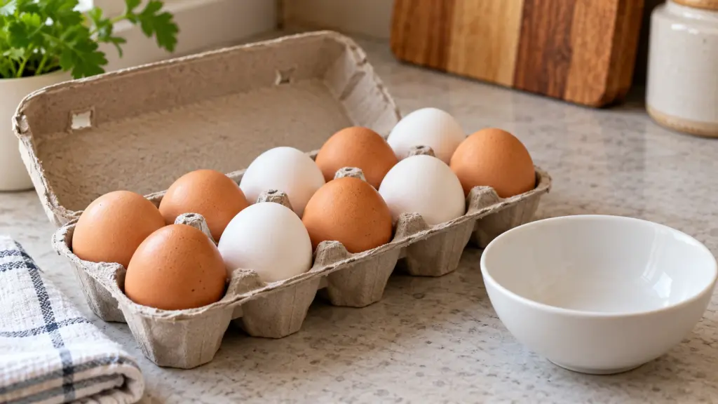 Eggs in a carton beside an empty bowl on a kitchen counter