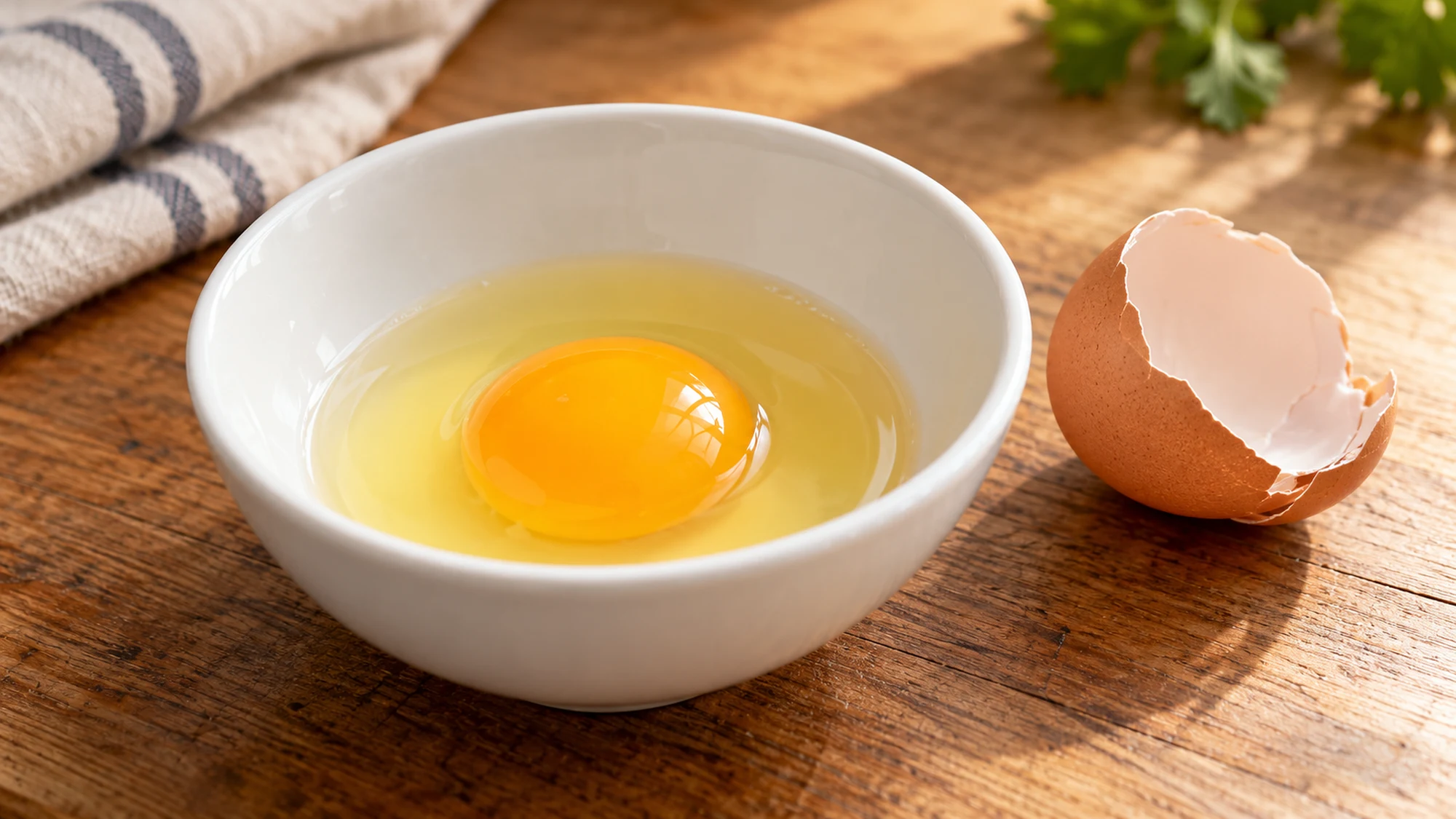 Raw egg cracked into a separate white bowl