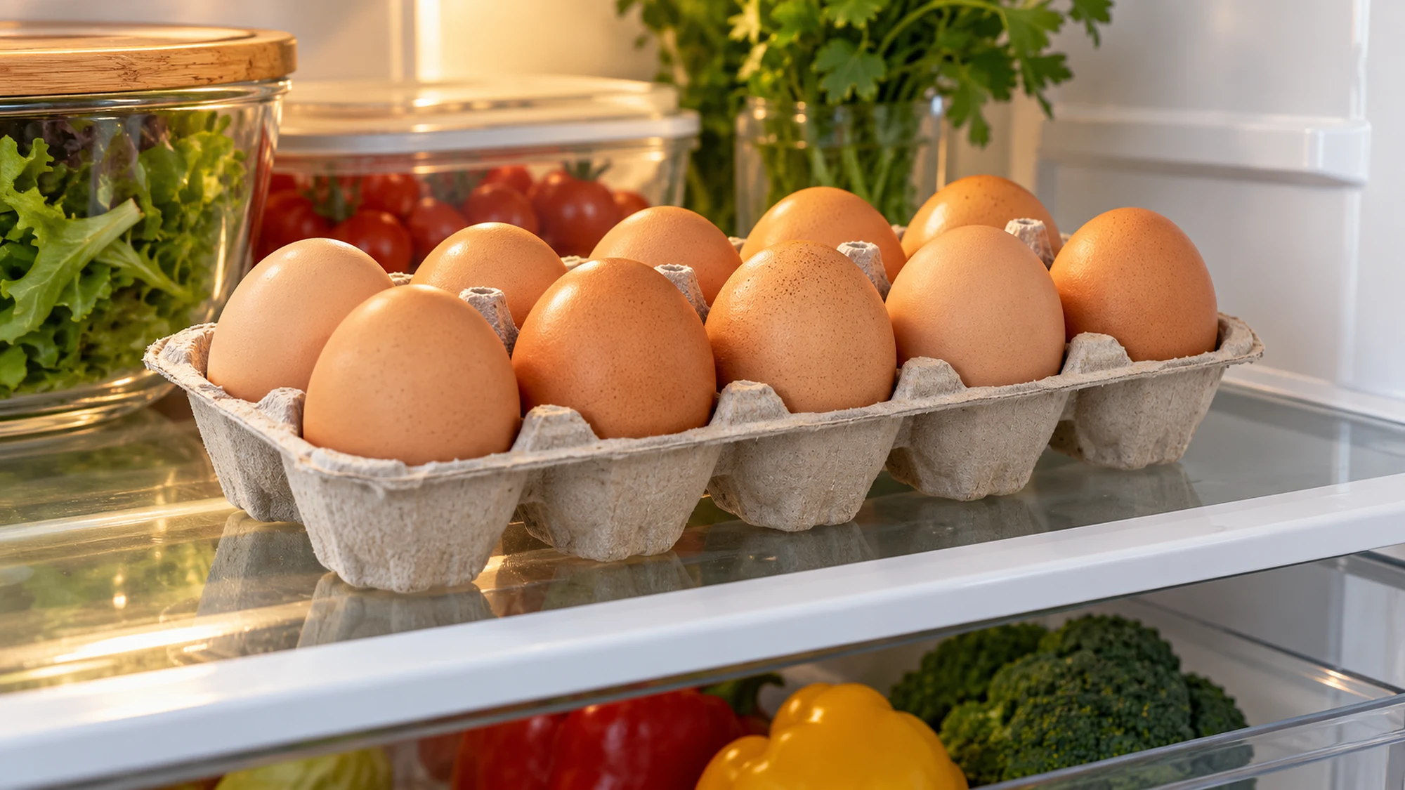 Egg carton stored on an interior refrigerator shelf