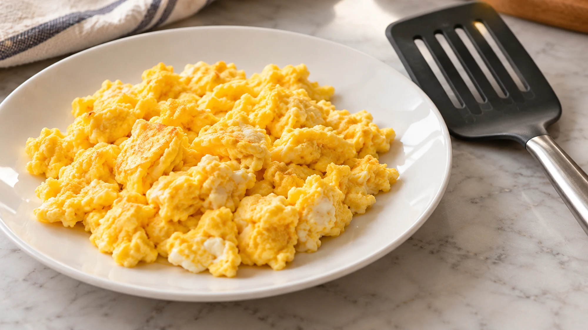 Fully set scrambled eggs on a plate