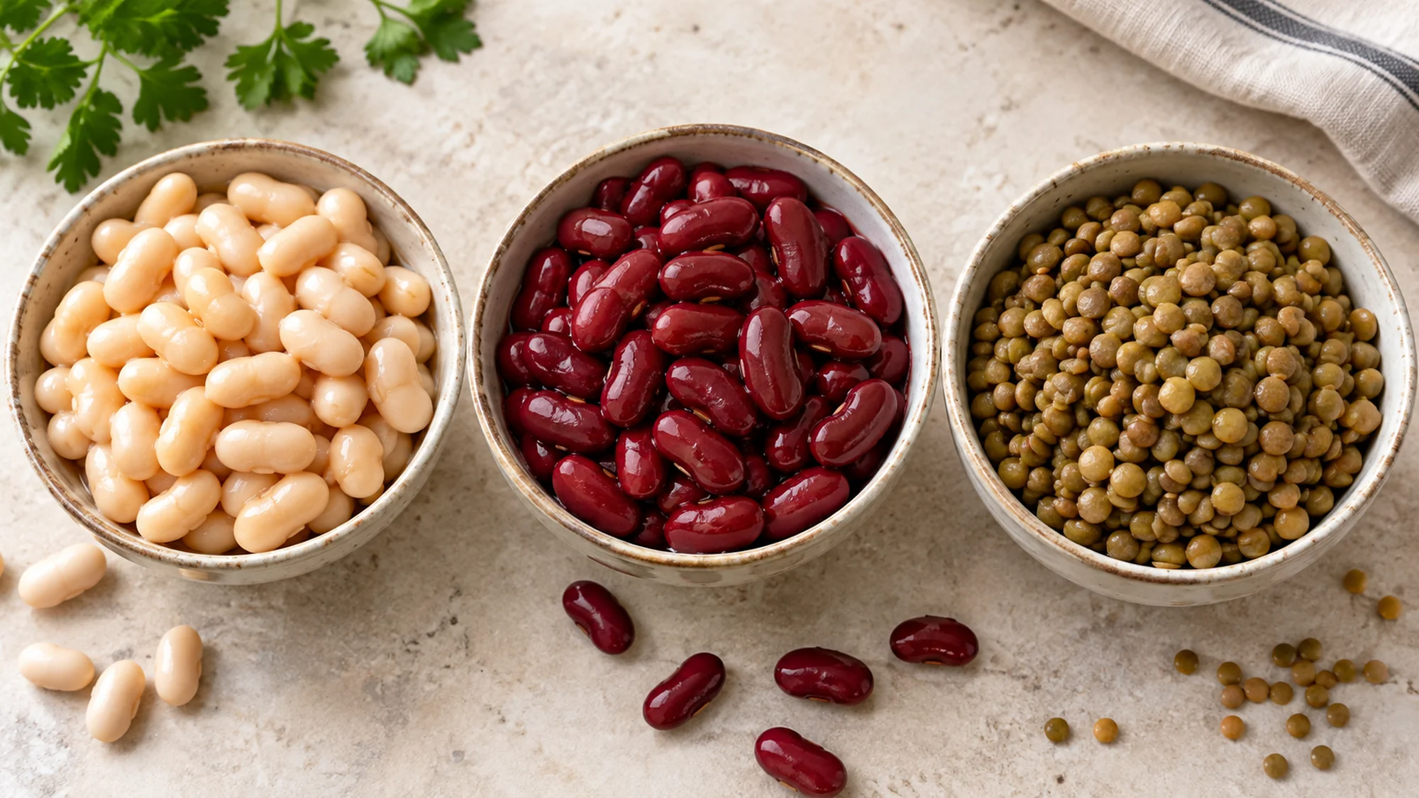 Iron providing foods including cooked white beans, kidney beans and lentils