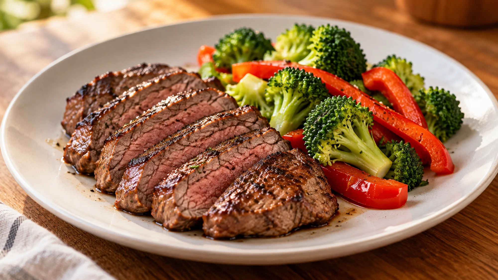 Iron providing foods on a plate of sliced beef with broccoli and red pepper