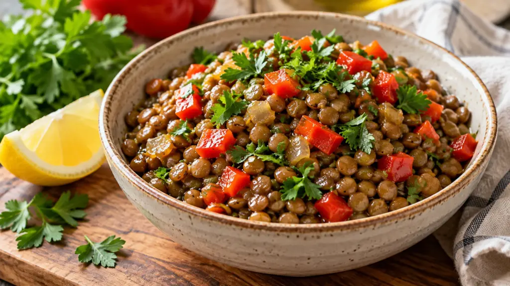 Iron providing foods shown as cooked lentils with red pepper and lemon