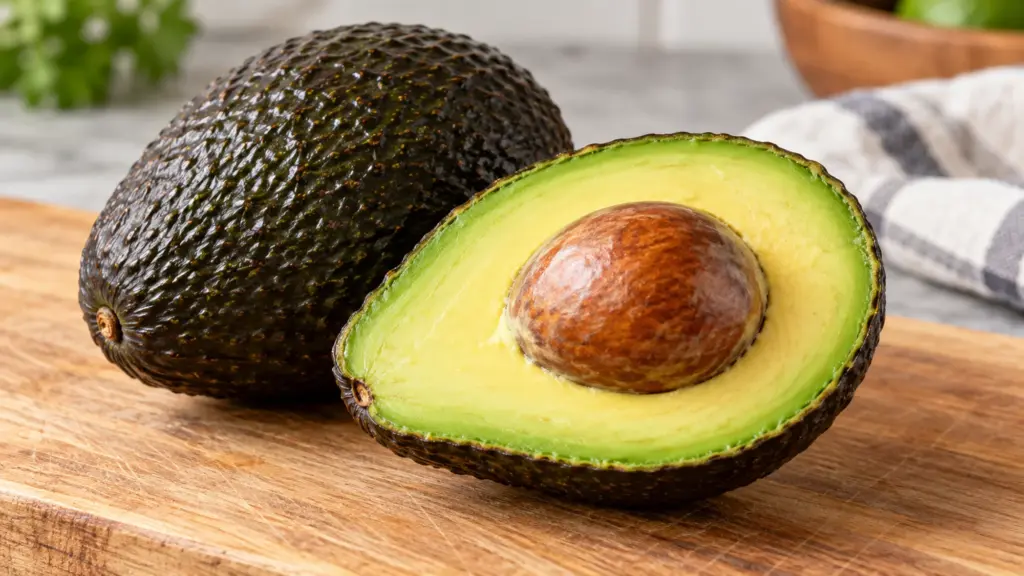 Whole avocado and a cut half showing green flesh and its large seed