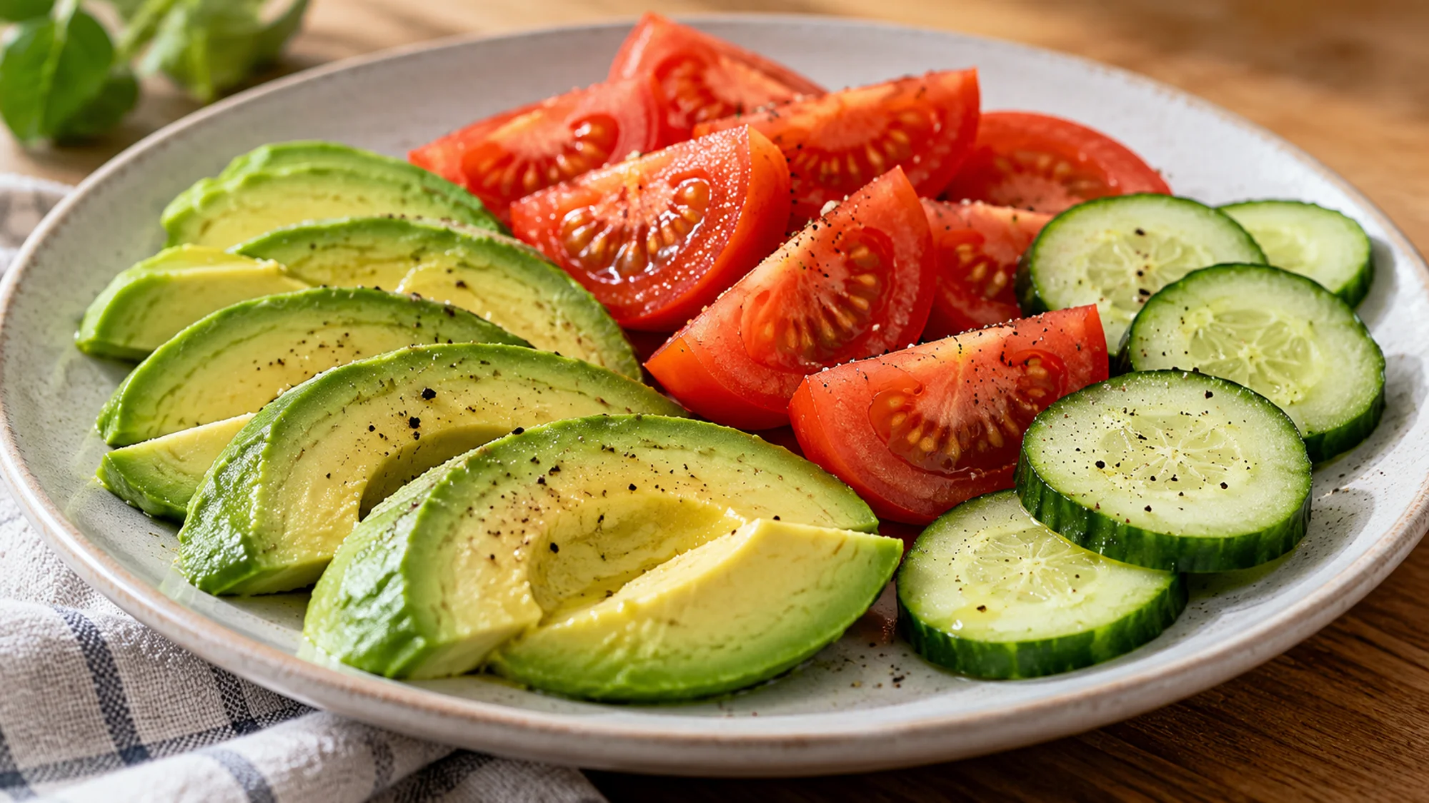 Avocado slices served alongside tomato wedges and cucumber slices