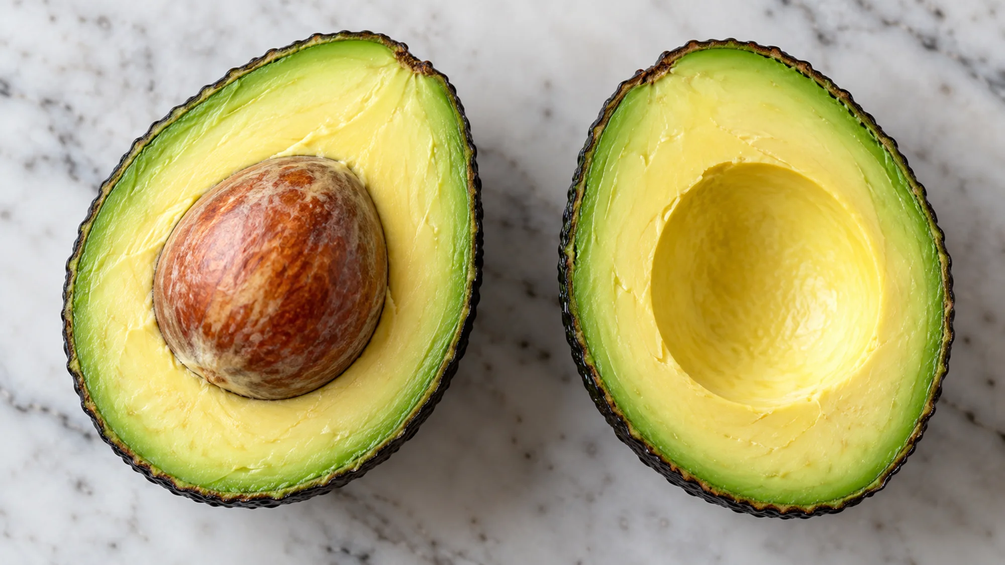 Two avocado halves showing the seed and the empty seed cavity