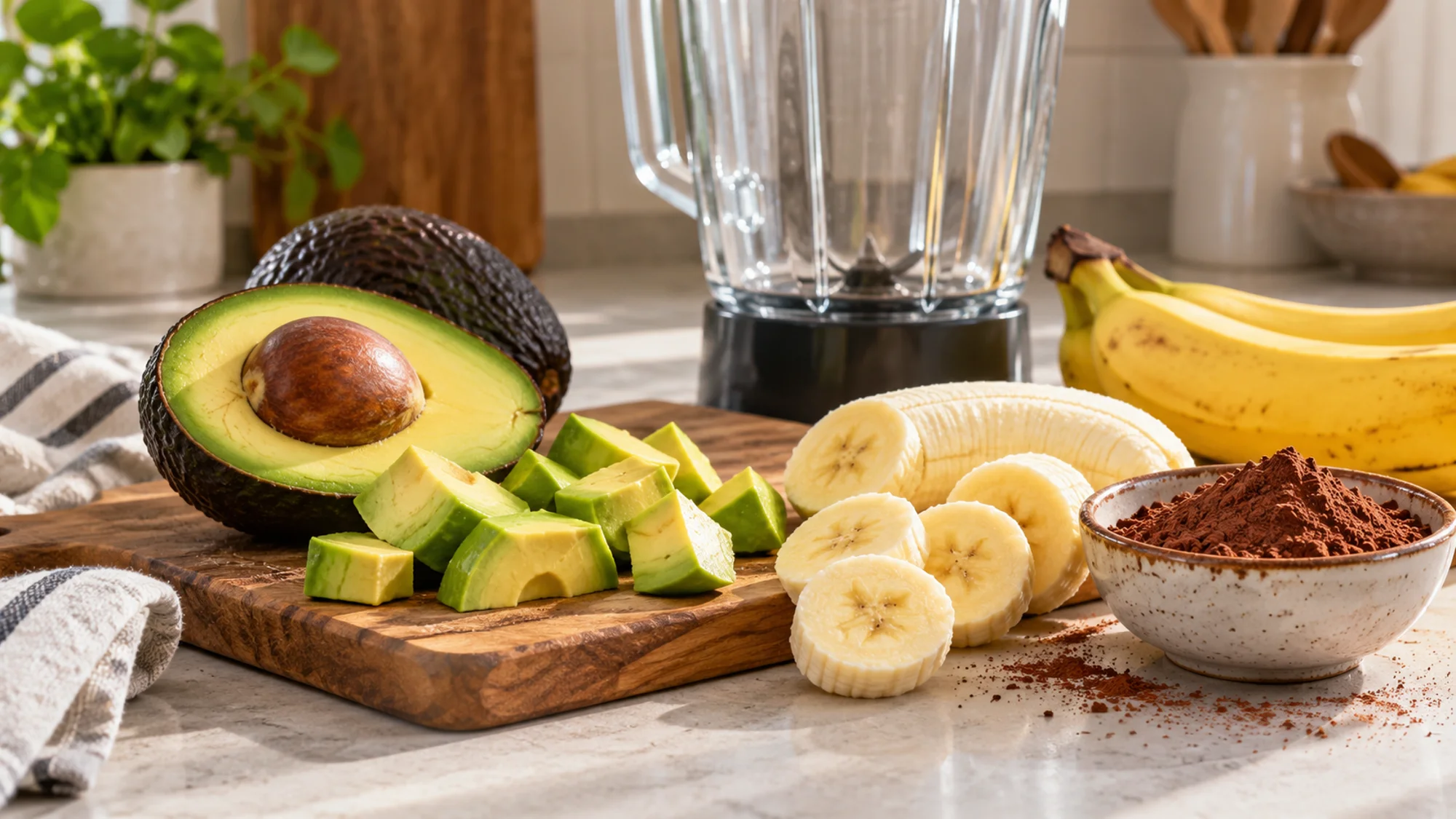 Avocado, banana and cocoa arranged beside a blender for sweet uses